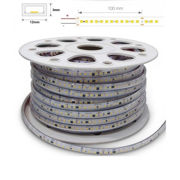 Tira LED 230V monocolor 12W/mt 120L/mt. SMD 2835 IP65 12x3mm corte cada 100mm, Bobina 50mt x 6,60€/m